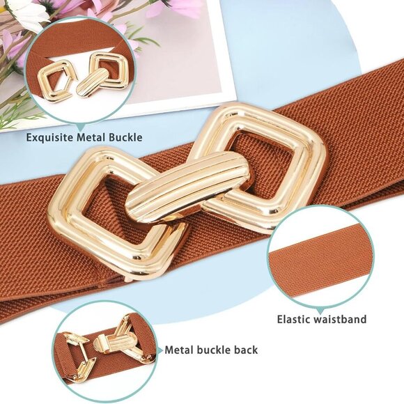 Stretchy Wide Women's Elastic Waist Belt for Dresses Gold Buckle - Picture 3 of 6